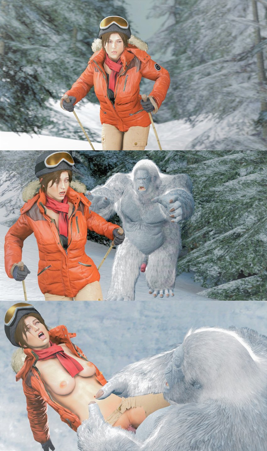 1boy 1girls 1monster 3d 3koma afraid ahe_gao ape ark_survival_evolved bigfoot breasts breasts_out brown_eyes brown_hair captured captured_heroine chasing cold comic comic_strip cryptid exposed_breasts female female_on_humanoid fucked_senseless grey_skin heroine_in_trouble human human_female lara_croft lara_croft_(survivor) male male/female mktrreekky monster open_clothes open_jacket orange_jacket parody ponytail primate primate_humanoid rape ripped_clothing ripped_pants sasquatch scared scared_expression sex shocked shocked_expression size_difference ski skifree skiing skiis snow source_filmmaker startled straight tomb_raider tomb_raider_(survivor) tongue tongue_out vaginal_penetration white_fur winter winter_clothes yeti zoophilia