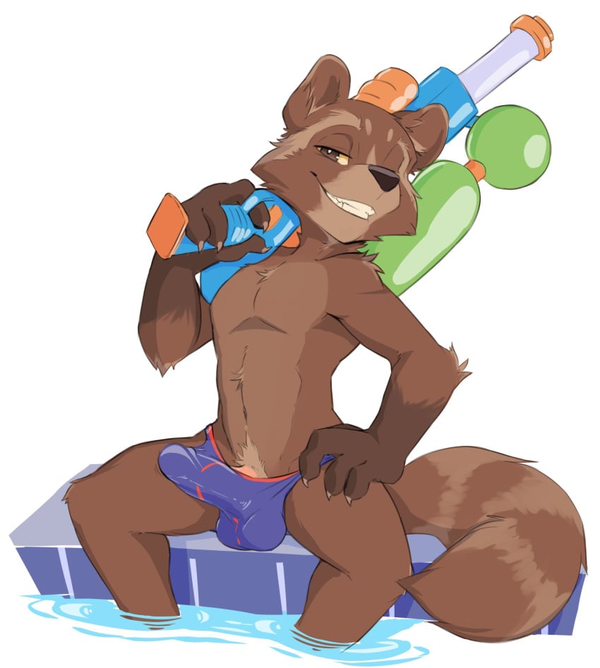 anthro balls_outline brown_body brown_eyes brown_fur bulge clawed_fingers clothed clothing digital_media_(artwork) erection feet_in_water fur fur_markings genital_outline guardians_of_the_galaxy hand_on_hip hi_res holding_water_gun looking_at_viewer male male_anthro male_only mammal markings marvel penis_outline permavermin poolside procyonid purple_clothing purple_speedo purple_swimwear raccoon raccoon_tail rocket_raccoon short short_anthro short_male simple_background sitting smile smiling_at_viewer solo speedo swimwear teeth teeth_showing topless topless_anthro topless_male toy toy_gun water water_gun white_background