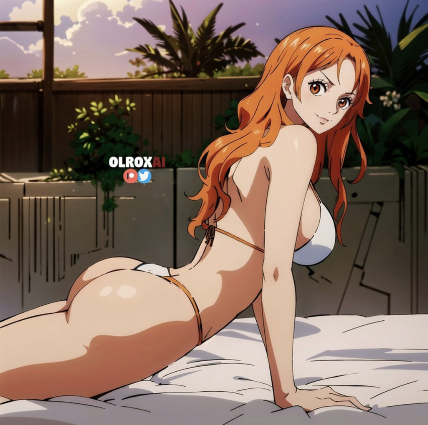 ai_generated ass big_ass big_breasts bikini female female_only from_side nami nami_(one_piece) olroxai one_piece orange_eyes orange_hair pointy_chin post-timeskip