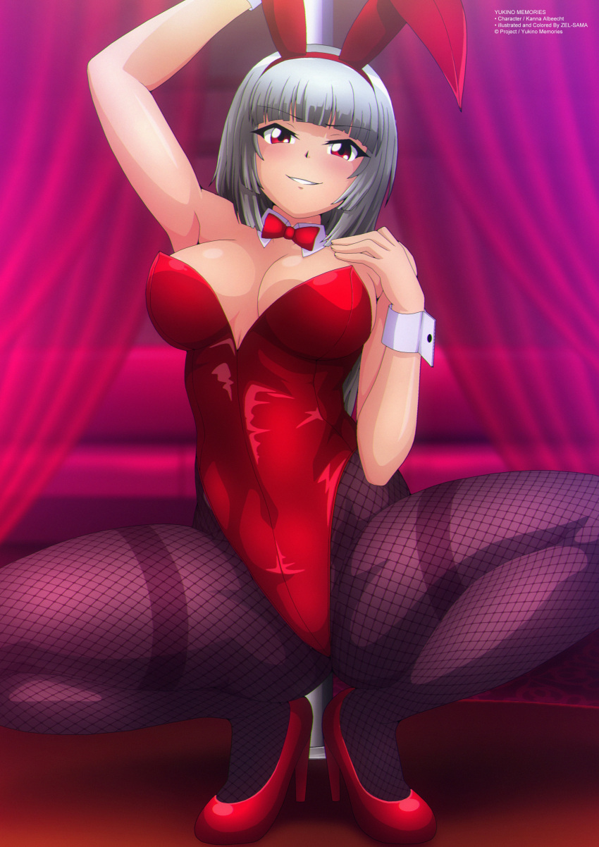 armpits bunny_costume bunny_ear bunny_ears bunny_girl bunny_tail bunnygirl bunnysuit kanna_albeecht looking_at_viewer pole pole_dancing red_eyes red_eyes_female stripper_pole white_hair white_hair_female yukino_memories zel-sama