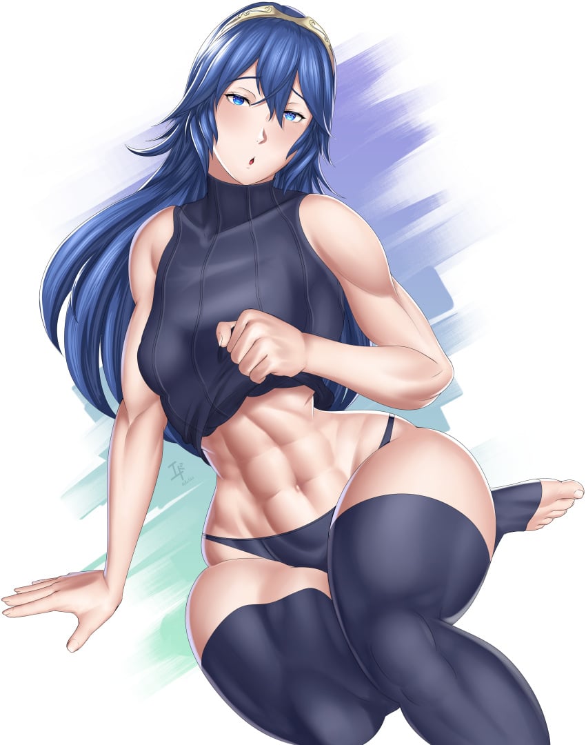 1girls abs arcedo bare_thighs blue_eyes blue_hair breasts female female_only fire_emblem fire_emblem_awakening long_hair lucina_(fire_emblem) muscles muscular muscular_female navel nintendo pulling_up_shirt revealing_clothes solo symbol-shaped_pupils thick_thighs thighhighs thighs tiara toned_female workout_clothes