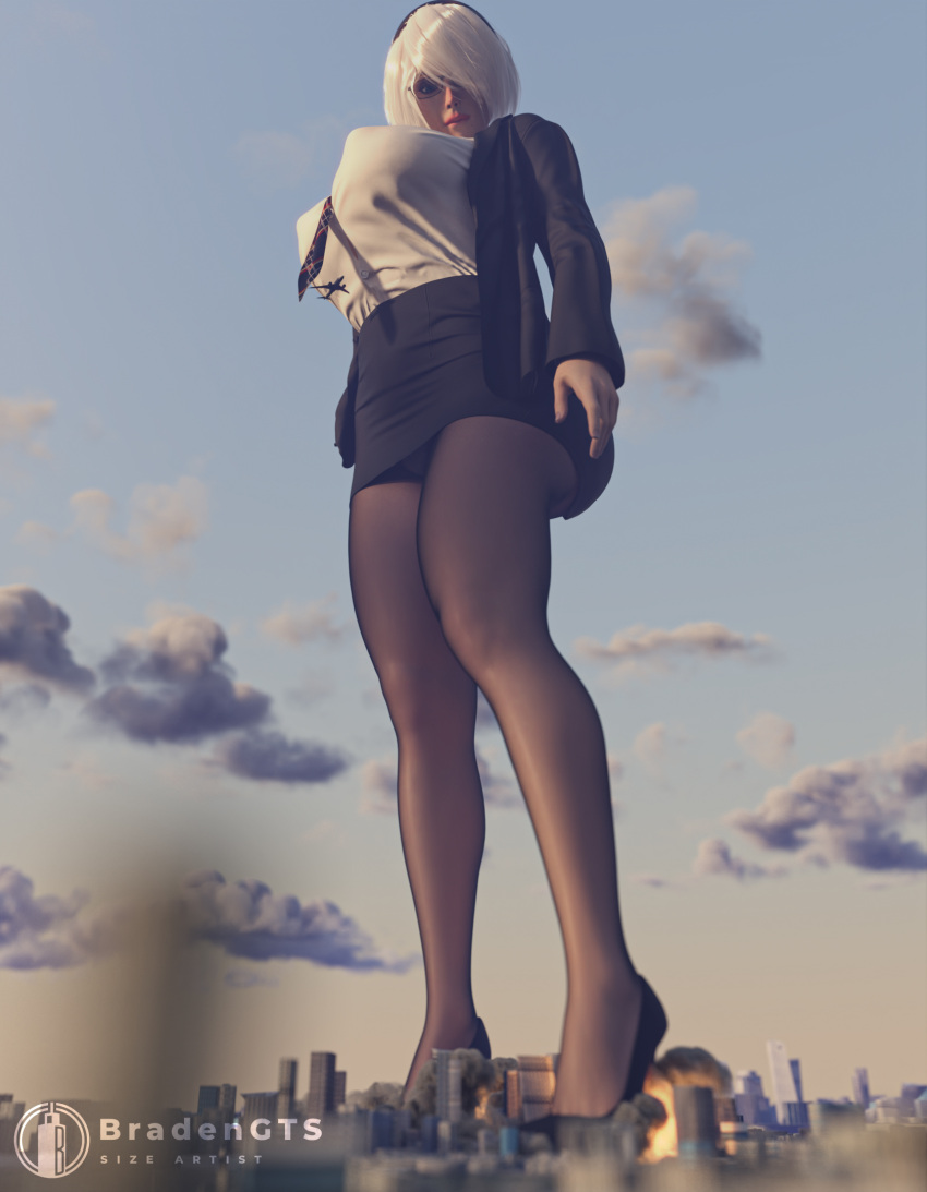 1girls 3d 3d_(artwork) airplane big_breasts black_headband bradengts breasts city city_destruction explosion female giantess giga_giantess glasses headband looking_down macro medium_hair nier nier:_automata nier_(series) office_clothing office_lady pantyhose perky_breasts short_hair solo solo_female tie video_game_character video_games white_hair yorha_2b