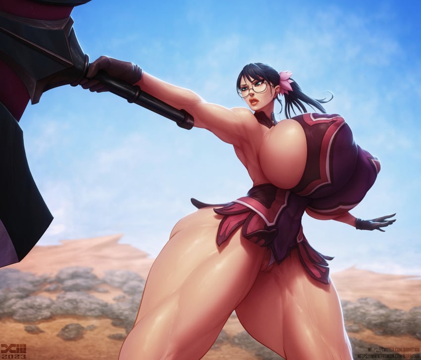 1girls barretxiii black_gloves breasts cameltoe cattleya cattleya_(queen's_blade) cleft_of_venus cropped_legs flower gigantic_breasts glass glasses gloves hair_flower hair_ornament holding holding_sword holding_weapon impossible_clothes lips mature_female muscular muscular_female muscular_legs nose outdoors outstretched_arms ponytail queen's_blade sideboob skin_tight solo sword thick_thighs thighs weapon weapon_merchant_cattleya