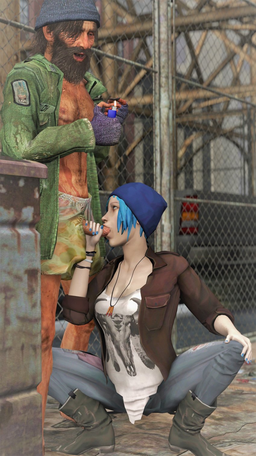 1boy 1girls 3d age_difference beanie beanie_hat blowjob blue_eyes blue_hair blue_nails boots chainlink_fence chloe_price city clothed_female drug_use drugs dumpster exposed_penis female hat homeless jeans leather_jacket life_is_strange lighter looking_up looking_up_at_partner mktrreekky oral oral_penetration oral_sex penis penis_in_mouth public public_sex short_hair sole_female sole_male source_filmmaker spoon squat squatting squatting_blowjob sucking sucking_penis teenage_girl teenager ugly_bastard ugly_man vagrant