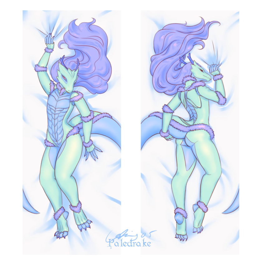 1:1 ais05 anthro ass claws dakimakura_design dragon female hair heidi_(the7thprimarch) hi_res horn looking_at_viewer lying nude on_back paledrake_(artist) purple_hair raised_tail scalie simple_background smile solo tail