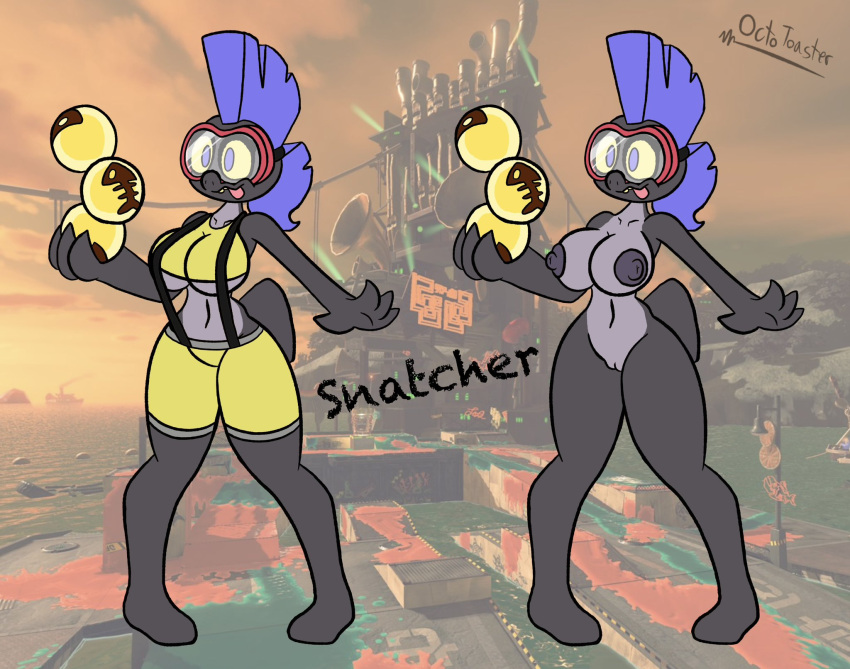 anthro areola big_breasts bottomwear breasts clothed clothing octo_toaster salmonid snatcher_(splatoon) splatoon