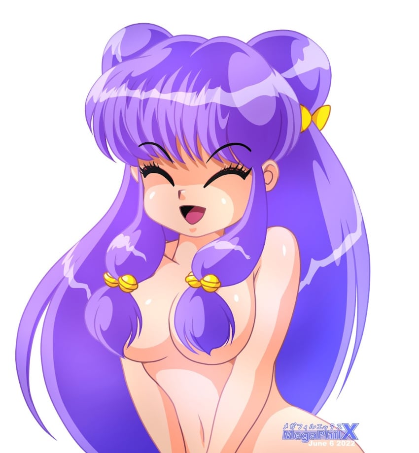 1girls breasts breasts_covered closed_eyes godiva_hair hair_buns hair_covering_breasts hair_ornament hair_ornaments happy happy_female light-skinned_female megaphilx naked naked_female nude nude_female pale-skinned_female purple_hair ranma_1/2 shampoo_(ranma_1/2) shiny_skin smiling_at_viewer solo solo_female solo_focus white_background