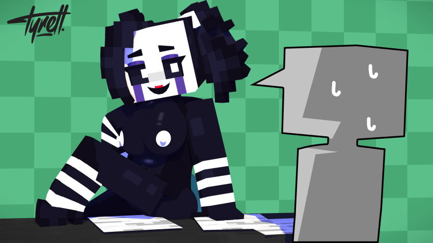 1boy 1girls 3d 3d_(artwork) ass black_body breasts crushtrap female five_nights_at_freddy's five_nights_at_freddy's_2 green_background heels marionette_(fnaf) mine-imator minecraft naked naked_female puppet_(fnaf) sitting sitting_on_table smile straight sweatdrop tagme tyiscrazy