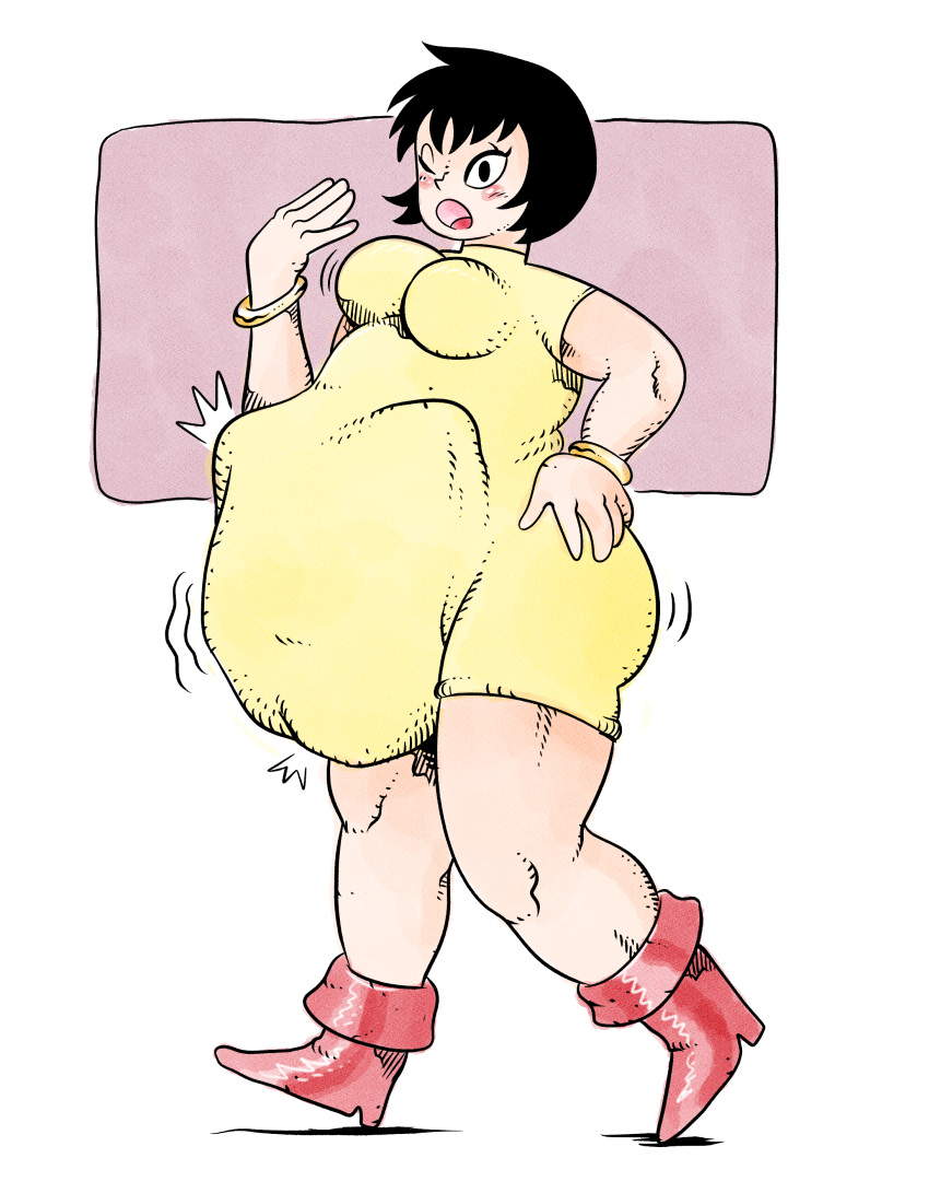 1girls ambiguous_prey belly belly_bulge black_hair boots breasts burp burping jucika light-skinned_female medium_breasts oral_vore possumbones red_boots short_hair soft_vore squirming_gut struggling struggling_prey vore vore_belly walking willing_pred yellow_dress