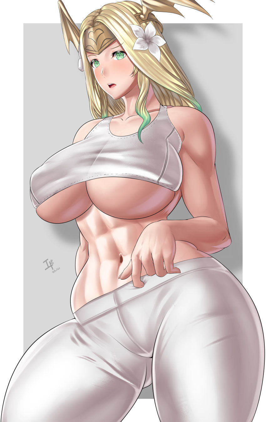 1girls abs alternate_breast_size arcedo ass_visible_through_thighs bare_midriff big_breasts blonde_hair breasts female female_only fire_emblem fire_emblem:_three_houses green_eyes huge_breasts large_breasts long_hair midriff muscular muscular_female nintendo open_mouth rhea_(fire_emblem) seiros_(fire_emblem) solo sportswear tank_top thick_thighs underboob wide_hips yoga_pants