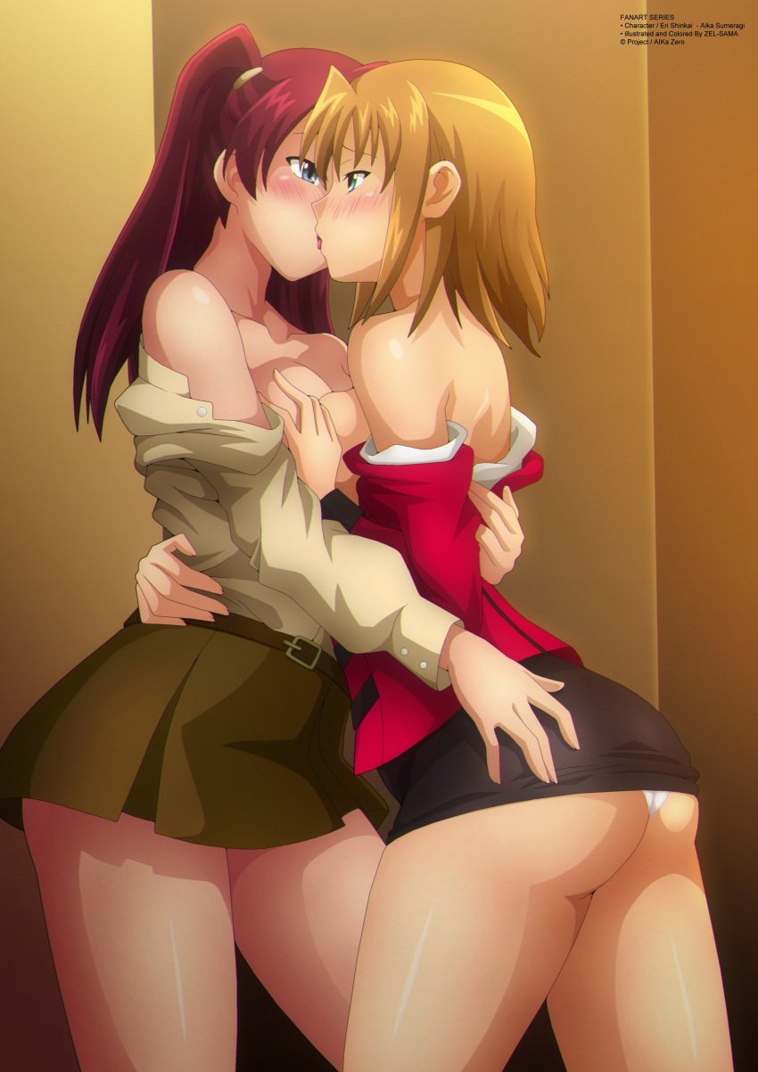 2girls agent_aika aika_sumeragi aika_zero ass big_ass blush breasts brown_hair curvy duo eri_shinkai exposed_panties female female_focus female_only human kissing large_breasts light-skinned_female light_skin long_hair making_out panties panties_exposed red_hair red_hair_female skirt skirt_lift thick_thighs white_panties wide_hips yuri zel-sama