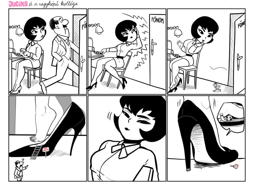 1boy 1girls barefoot black_and_white black_hair comic commission crush fanart_from_twitter female giantess heels high_heels jucika ladder larger_female micro micro_male shoes shrunken_male size_difference size_play smaller_male sticking_out_tongue