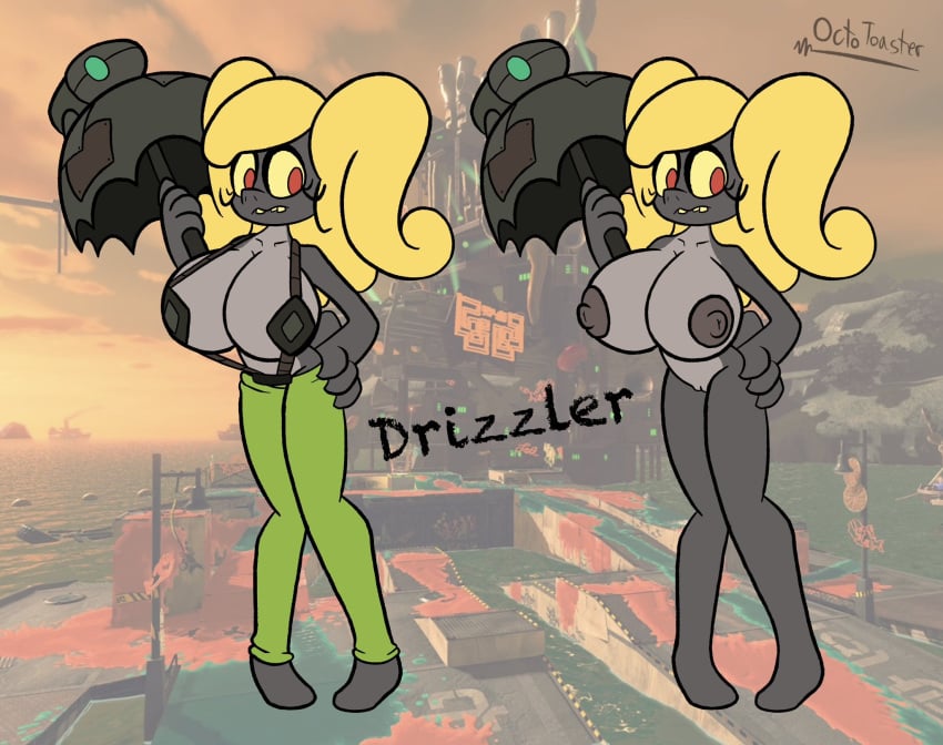 anthro areola big_breasts blonde_hair bottomwear breasts clothing drizzler_(splatoon) octo_toaster salmonid splatoon