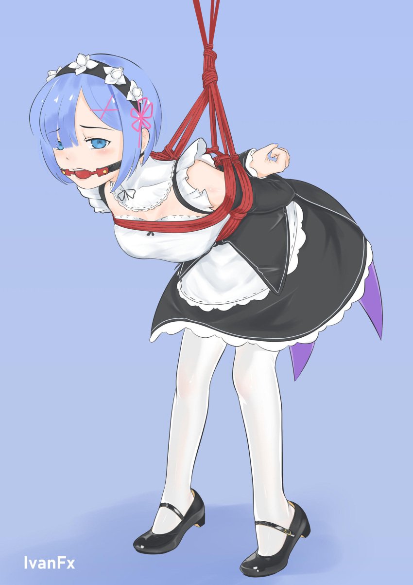 arms_behind_back ball_gag bent_over black_footwear blue_eyes blue_hair bondage female gag gagged heels ivanfx jpg legwear maid maid_outfit maid_uniform mary_janes pantyhose re:zero_kara_hajimeru_isekai_seikatsu rem_(re:zero) rope rope_bondage rope_suspension shiny white_legwear white_pantyhose