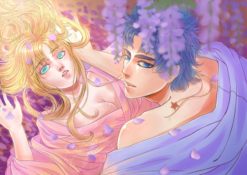 1boy 1girls birthmark blonde_hair blue_eyes blue_hair breasts canon_couple cleavage couple erina_pendleton female hair_down joestar_birthmark jojo's_bizarre_adventure jonathan_joestar luobo1220 male petals phantom_blood star_(symbol) straight wholesome