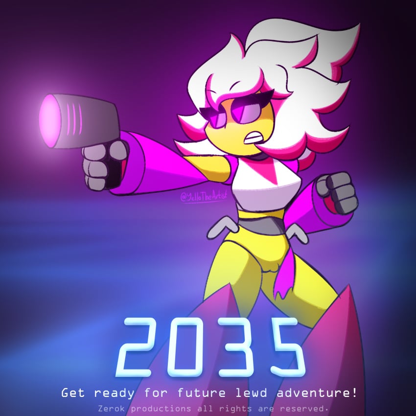 1girls artist_signature blaster english_text female_focus female_only geometry_dash laser_gun looking_away movie_poster original original_character pointing_gun pussy retro retro_trianna_(yellolight) ripped_panties robot robot_girl trianna_(yellolight) vagina yellolight