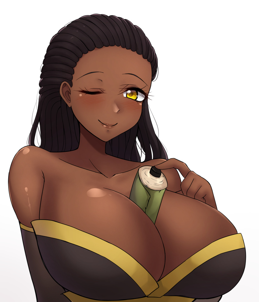 1girls baochan big_breasts black_hair blush dark-skinned_female dark_skin dreadlocks female female_only huge_breasts mistynight nchans nchans_style suggestive suggestive_look wink yellow_eyes