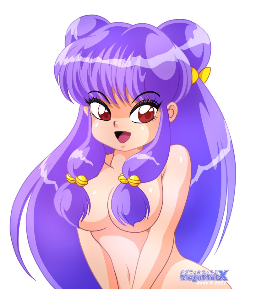 1girls breasts breasts_covered godiva_hair hair_buns hair_covering_breasts hair_ornament hair_ornaments happy happy_female light-skinned_female looking_at_viewer megaphilx naked naked_female nude nude_female pale-skinned_female purple_hair ranma_1/2 red_eyes shampoo_(ranma_1/2) shiny_skin smiling_at_viewer solo solo_female solo_focus white_background