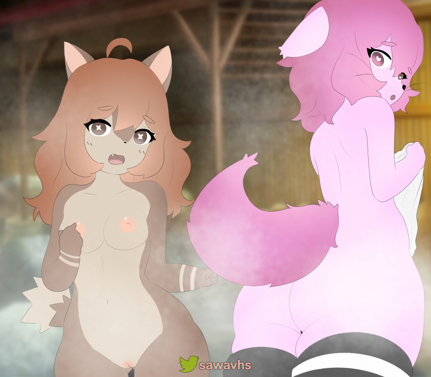 anthro ass breasts brown_body brown_fur brown_hair canid canine clothing duo female female_focus fox fur hair hi_res humanoid legwear mammal pattern_clothing pattern_legwear pink_body pink_hair sawavhs small_breasts striped_clothing striped_legwear stripes