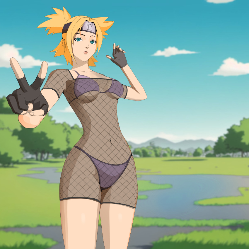 1girls blonde_hair bodysuit bra curvaceous feet_out_of_frame female female_focus female_only fingerless_gloves fishnets gloves green_eyes headband kunoichi midriff naruto naruto_(series) naruto_shippuden nature ninja outdoors panties partially_clothed peace_sign revealing_clothes see-through see-through_clothing slim_waist solo solo_focus sunagakure_symbol temari underwear v_sign vladimirkch wide_hips