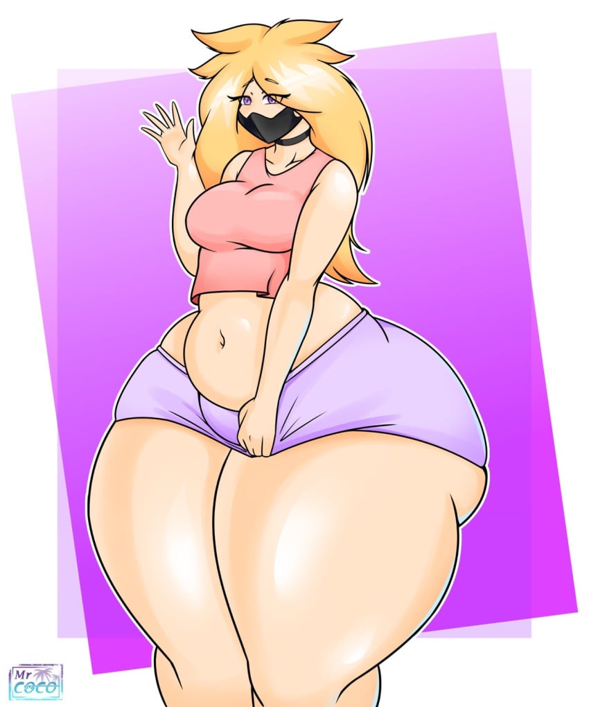 big_ass big_butt blonde_hair booty_shorts choker facemask huge_thighs lucia_(mr.coco) mr.coco pink_shirt thick thick_ass thick_thighs