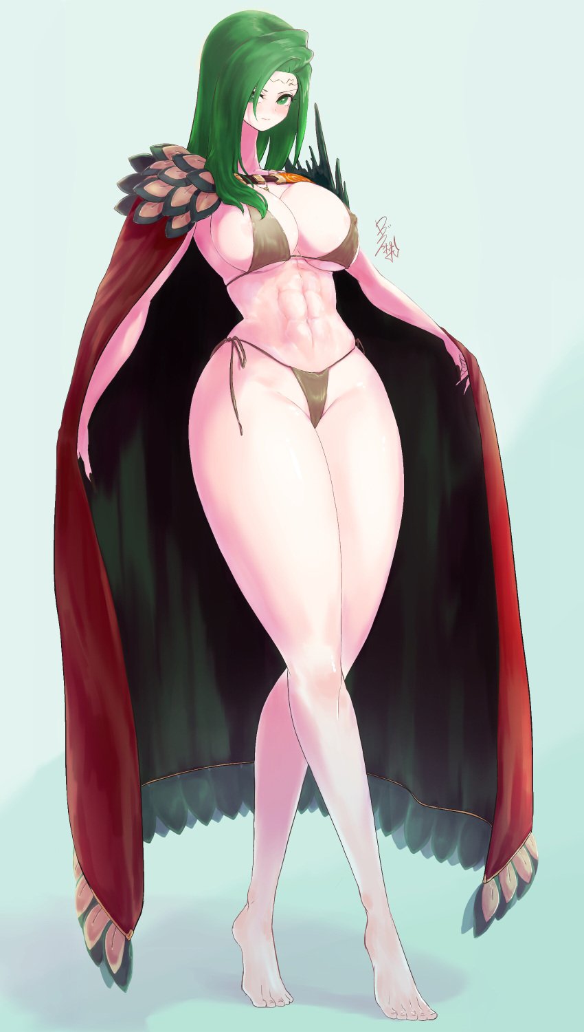 1girls alternate_costume annand_(fire_emblem) areolae areolae_slip bare_legs barefoot bikini breasts brown_bikini cape cleavage covered_nipples female female_only fire_emblem fire_emblem:_genealogy_of_the_holy_war green_eyes green_hair huge_breasts legs long_hair looking_at_viewer nintendo nipple_slip revealing_clothes sideboob smile solo ta_dasu_(tadasu_hayashi) travant_(fire_emblem) travant_(fire_emblem)_(cosplay) underboob