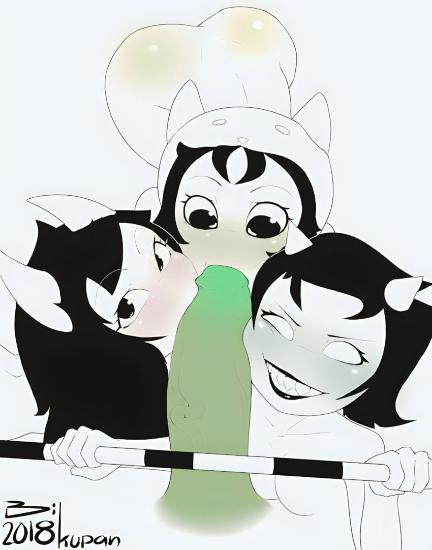 3girls :>= ass bikupan cane catgirl collaborative_fellatio fellatio female female_only foursome green_penis grin homestuck jade_harley looking_at_viewer mostly_monochrome multiple_girls nepeta_leijon oral sucking_penis tagme teamwork terezi_pyrope triple_fellatio