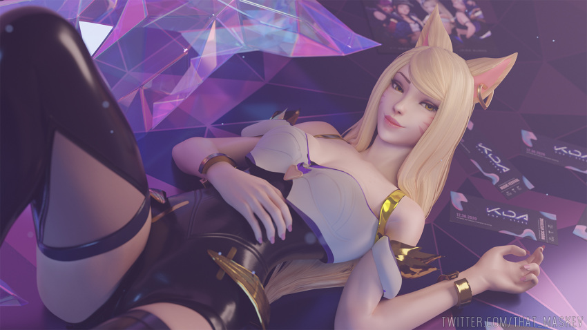 1girls 3d 9_tails ahri blonde_hair clothed female female_only fox_girl k/da_ahri k/da_series league_of_legends lying_on_back nine_tailed_fox pinup riot_games solo tagme that_maskey vastaya