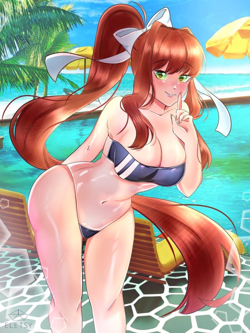 1girls breasts cleavage color doki_doki_literature_club eletsy female female_only girl green_eyes gris_swimsuit long_hair monika_(doki_doki_literature_club) revealing_clothes solo solo_female solo_focus swimsuit very_long_hair water