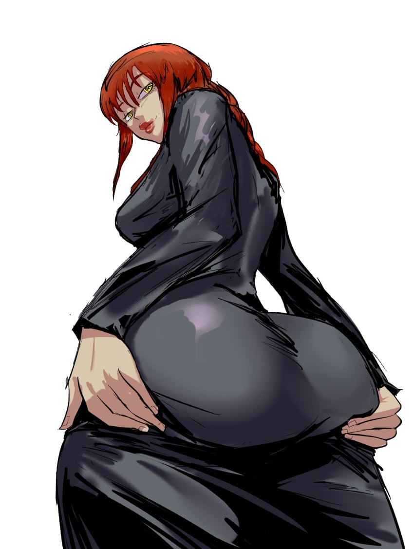 1girls ass ass_grab big_ass breasts chainsaw_man dress female light_skin lipstick looking_at_viewer looking_back lysanthum makima_(chainsaw_man) presenting_ass red_hair solo solo_female solo_focus yellow_eyes