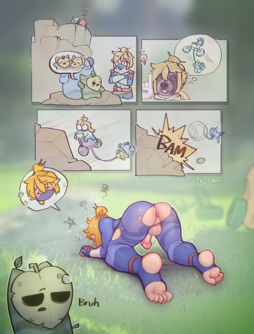 2023 4-panel all_fours anus ass balls blonde_hair blurred_background clothing comic feet genitals grass hair hair_bun hi_res human kblankii kneeling korok legwear link male mammal manga meme nintendo outside plant presenting presenting_anus presenting_hindquarters rear_view sheikah solo tears_of_the_kingdom the_legend_of_zelda tights torn_clothing x_eyes