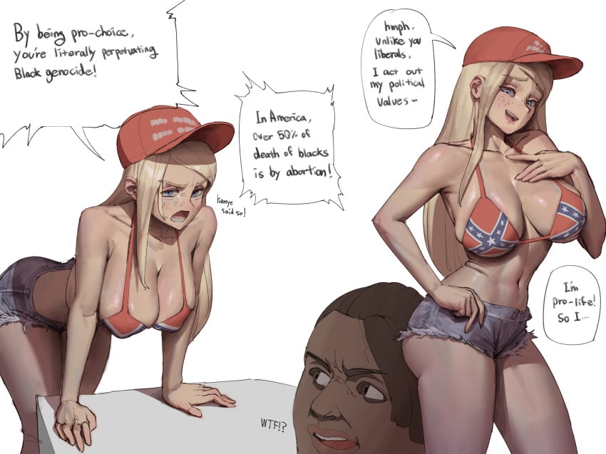 1boy 1boy1girl 1girls 2023 big_ass big_breasts big_butt bikini bikini_bottom bikini_top blonde blonde_female blonde_hair blue_eyes confederate_flag confederate_flag_bikini daisy_dukes daisy_dukes_bikinis_on_top dark-skinned_male dark_skin dialogue english_text female freckles hat hi_res high_resolution highres huge_breasts human human_only large_ass large_breasts large_butt light-skinned_female light_skin maga_hat make_america_great_again male male/female political politics republican tagme text tradwife white_background wjs07 wojak_comics