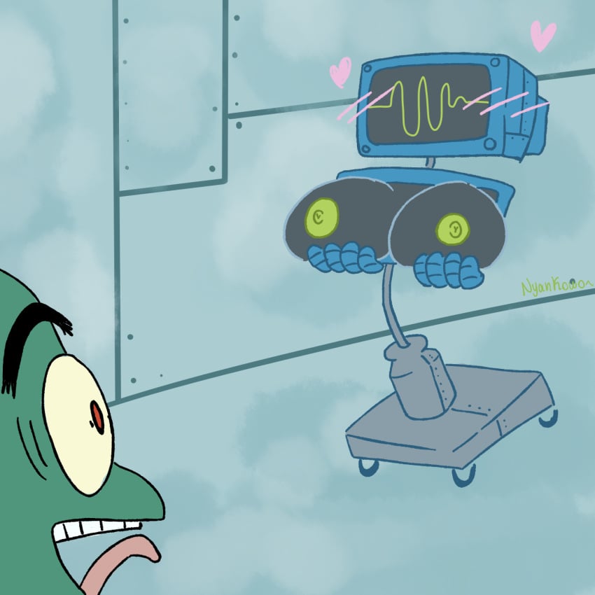 1boy 1girls big_breasts blush blush_lines breasts computer drawfag drawthread_request female_only flabbergasted heart karen_plankton nickelodeon nipples red_eyes sheldon_j._plankton smooth_skin spongebob_squarepants tongue tongue_out tv tv_head