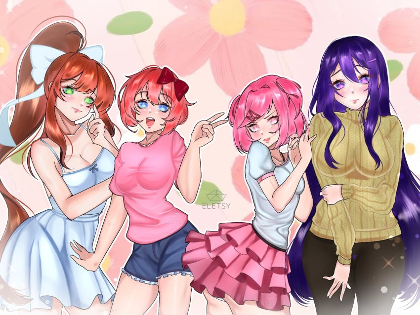 4girls 5_fingers artist_name big_breasts blue_eyes blush blushing bow breasts cleavage doki_doki_literature_club dress eletsy female female_only frilled_skirt frilly_clothing frilly_skirt green_eyes hair_bow hairbow long_hair monika_(doki_doki_literature_club) mouth_open natsuki_(doki_doki_literature_club) not_porn open_mouth panties panty_peek peace_sign pink_eyes pink_hair pink_skirt purple_eyes purple_hair red_bow red_hair_bow red_hairbow safe safe_for_work sayori_(doki_doki_literature_club) sfw shorts skirt sweater very_long_hair white_dress white_panties yuri_(doki_doki_literature_club)