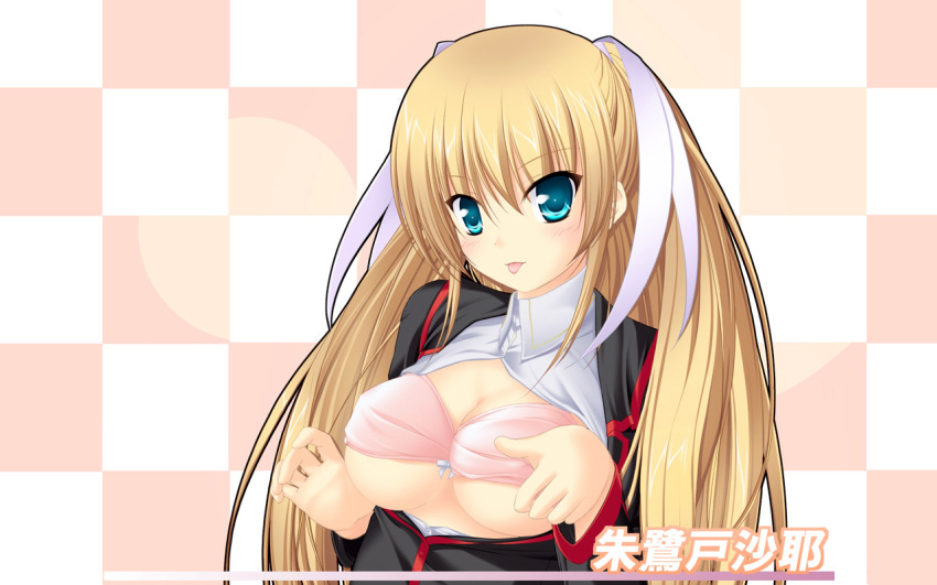 blonde_hair cleavage little_busters! oppai pointy_chin school_uniform tokido_saya