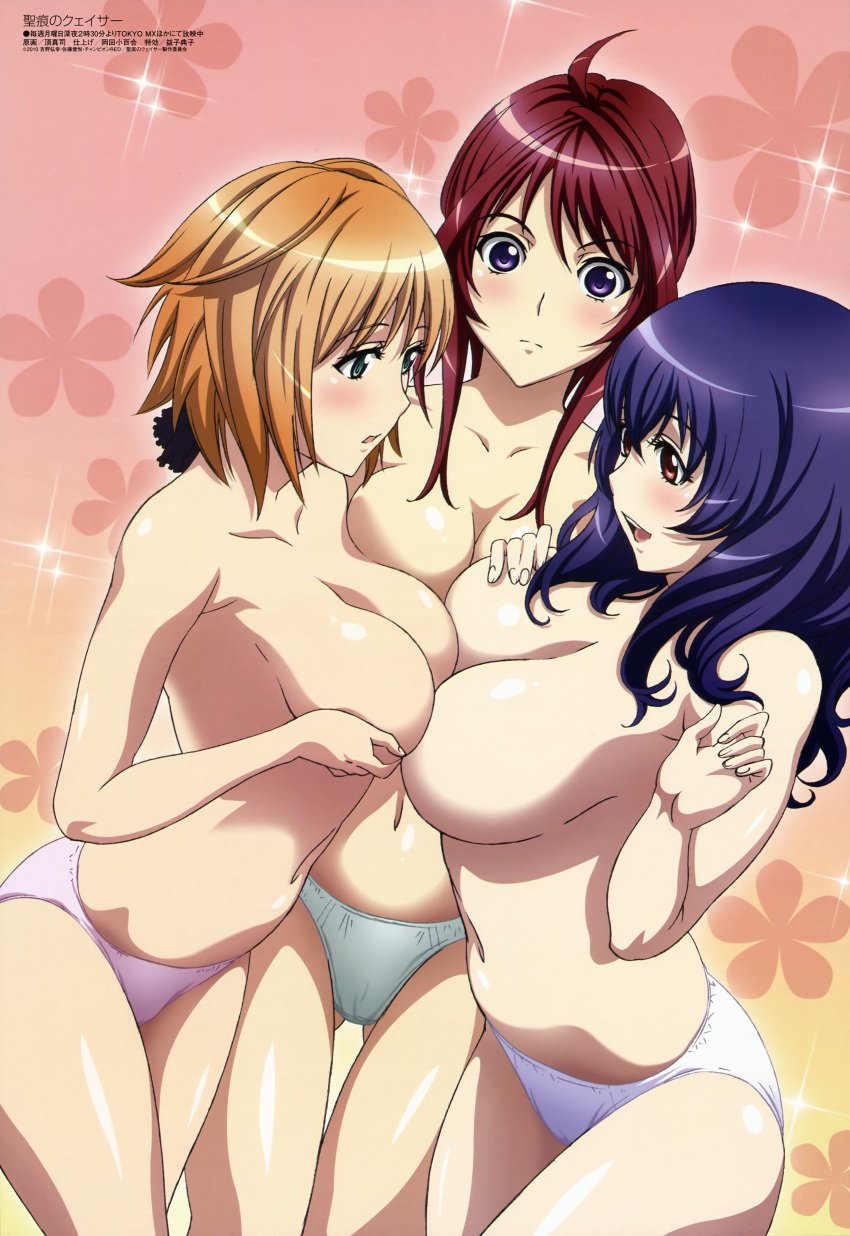 3girls beria_teresa black_hair breast_grab breast_lift breast_press breasts brown_hair cleavage happy huge_breasts itadaki_shinji multiple_girls official_art oppai oribe_mafuyu panties seikon_no_qwaser symmetrical_docking topless yamanobe_tomo