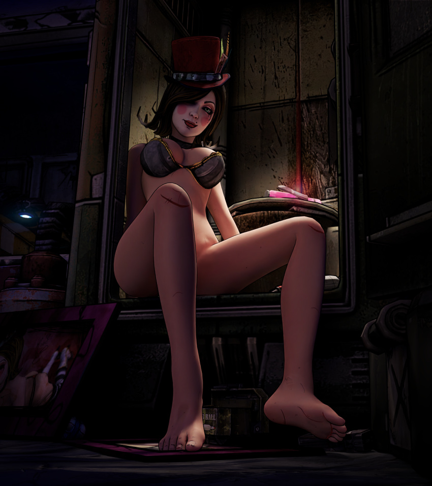 1girls 3d big_breasts blender borderlands borderlands_2 bra breasts breasts_out brown_hair feet female female_only hat mad_moxxi makeup no_panties rekkakun