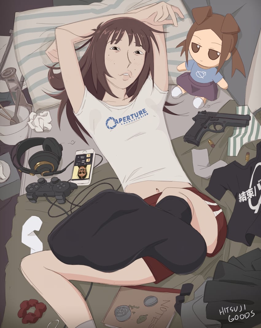 aphex_twin bangs blush brown_hair buckteeth close_up_feet female foot_focus freckles hitsujigoods imminent_sex kara_eklund_(hitsujigoods) laying_on_bed neet neet_girl on_bed seductive small_breasts sweat_stain sweaty_armpits