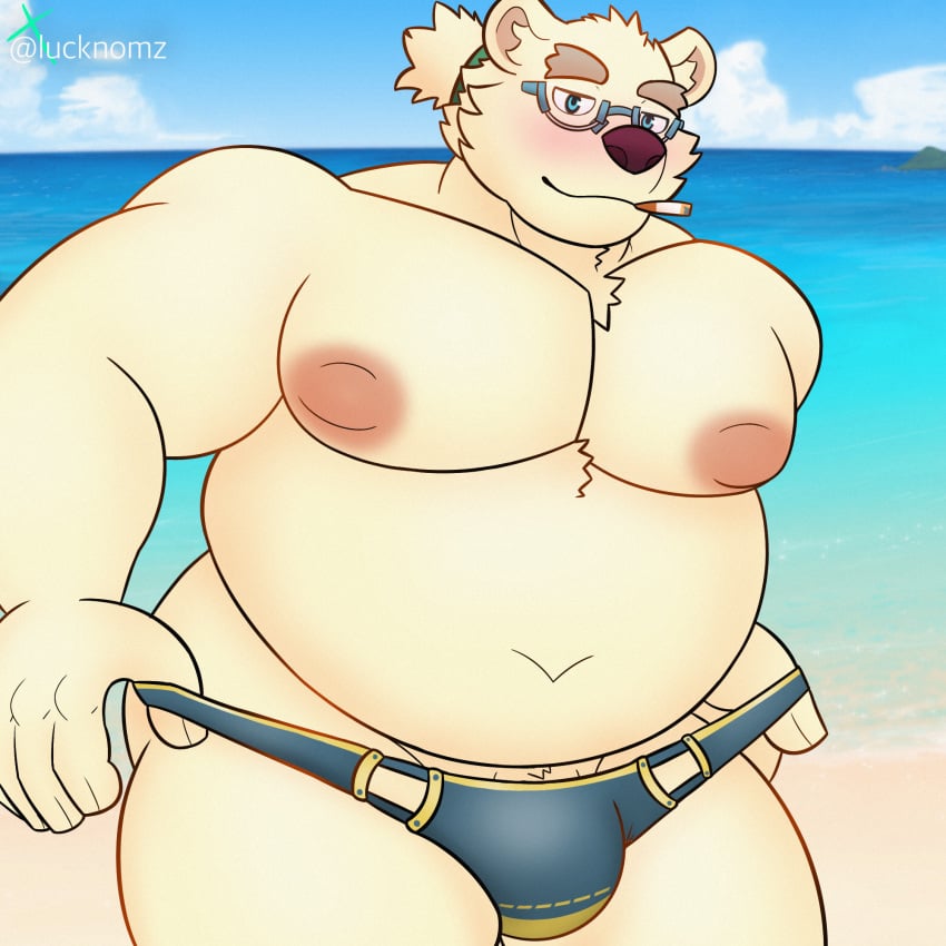 1boy anthro barazoku beach bear belly chubby_male cigarette clothing eyewear fur fur_tuft glasses hair hi_res leib_(tokyo_afterschool_summoners) lifewonders looking_at_viewer lucknomz male male_only mammal overweight overweight_male pecs ponytail seaside solo speedo summer swimwear teasing tokyo_afterschool_summoners tuft undressing