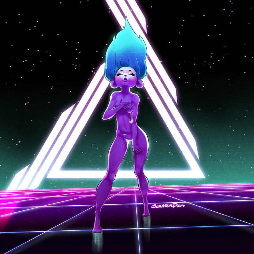 1:1 80's_theme anthro blue_hair breasts closed_eyes detailed_background female female_only hair hand_on_chest hi_res nipples nude open_mouth purple_body reflective_floor scratchdex shaded solo standing synthwave thigh_gap