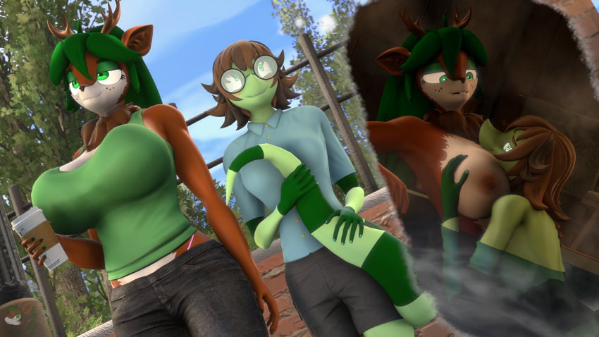 3d_(artwork) 4k absurd_res anthro antlers big_breasts blush breast_grab breasts buckteeth daydream deer digital_media_(artwork) donglysfm duo eyewear female glasses green_body green_hair hair hand_on_breast hi_res horn lily_springtail_(donglysfm) lizard mammal mature_female neck_tuft nerd nude outside prehensile_tail reptile revamped_anthros scalie size_difference snout source_filmmaker tea_tree_(donglysfm) teeth thought_bubble tuft water