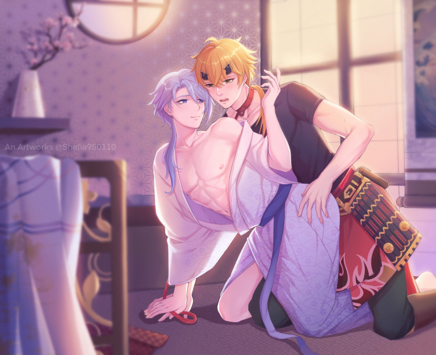 artist_name behind behind_another bishonen blonde_hair blue_hair closed_mouth clothed clothed_male collar earrings exposed_breasts fully_clothed gay genshin_impact green_eyes hand_holding hand_on_hip headband indoors kamisato_ayato kimono leash leash_and_collar leash_pull light-skinned_male light_skin looking_at_another male male/male male_focus male_only medium_hair mole_under_mouth open_kimono open_mouth pretty_boy purple_eyes shelia950110 smile thoma_(genshin_impact) yaoi