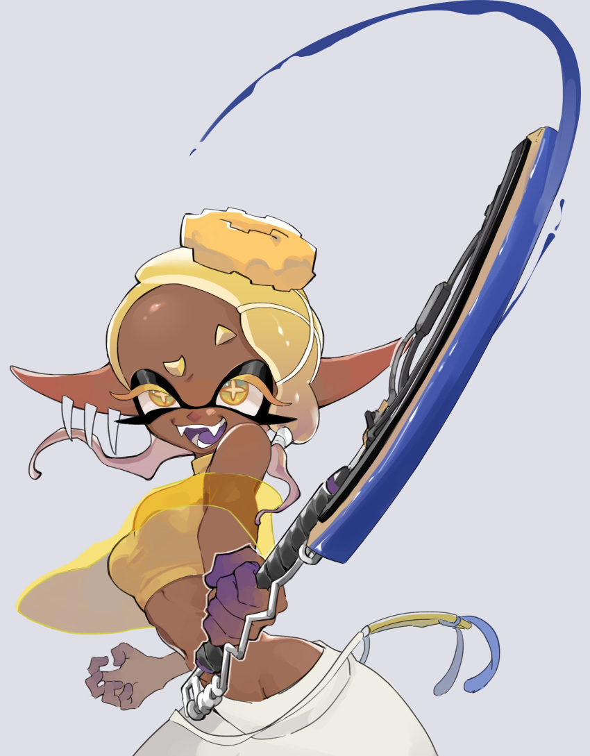 big_breasts blue_fingers blue_tongue breasts clothed clothed_breasts clothed_female clothes clothing dark-skinned_female dark_skin female female_only frye_(splatoon) holding holding_object holding_weapon inkling inkling_girl pointy_ears pointy_teeth simple_background solo solo_female solo_focus splatoon splatoon_(series) splatoon_3 sword unusual_pupils utsuho_no_tami white_background yellow_eyes yellow_hair