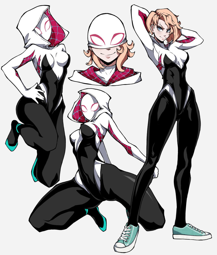 big_thighs blonde_female blonde_hair blue_eyes breasts character_sheet clothed clothing eyebrow_piercing female gwen_stacy gwen_stacy_(spider-verse) happy heroine hood hoodie kekel marvel marvel_comics mask masked masked_female multiple_poses presenting shoes small_breasts smile smiling solo solo_female spider-gwen spider-man:_across_the_spider-verse spider-man:_into_the_spider-verse superheroine thighs white_clothing yellow_hair