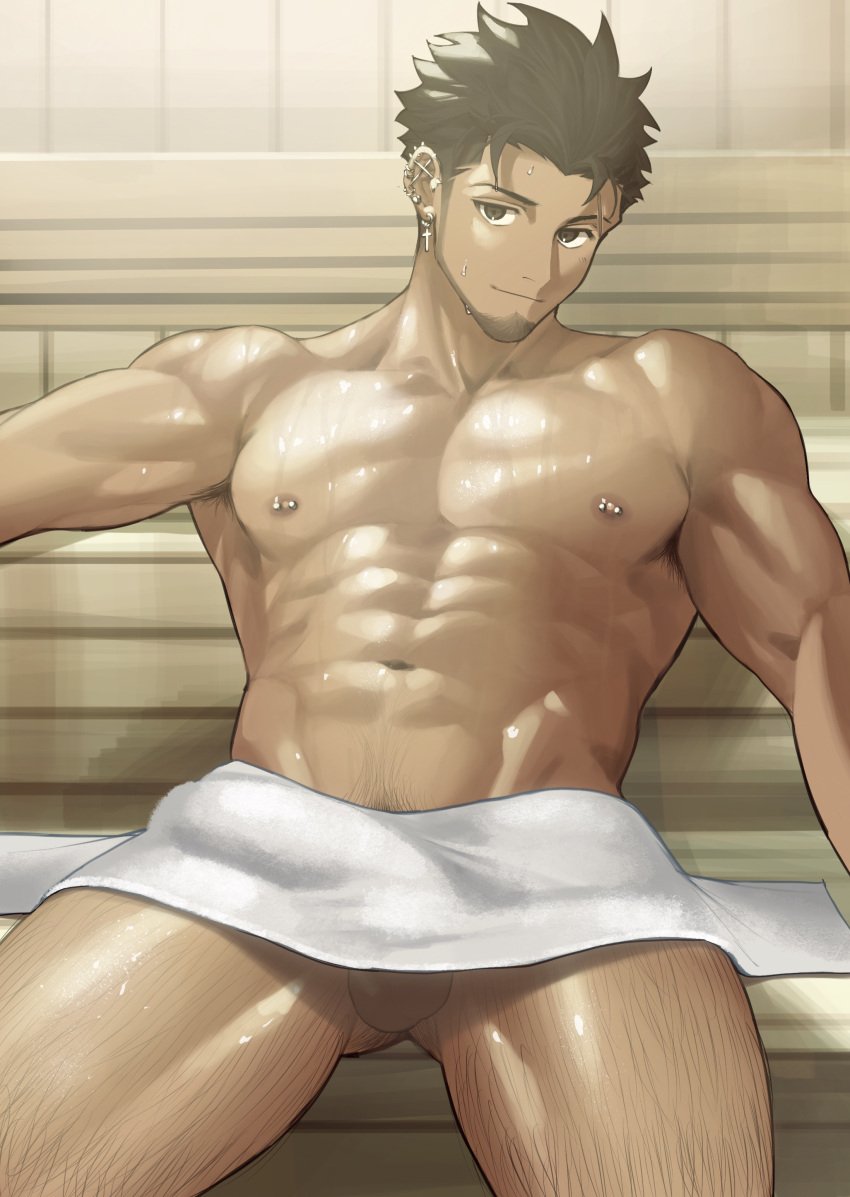 1boy abs absurdres armpit_hair ass_hair ass_visible_through_thighs bara barbell_piercing beard bulge cross cross_earrings earrings erection erection_under_clothes facial_hair feet_out_of_frame goburin_second harumi_(goburin_second) head_tilt highres jewelry large_pectorals leg_hair looking_at_viewer male male_focus male_only mature_male muscular muscular_male navel nipples original outstretched_arms pectorals piercing sauna scar scar_on_face scar_on_forehead seductive_smile shiny_skin short_hair sideburns sitting smile solo solo_male sparse_navel_hair spread_arms stomach testicle_peek thick_thighs thighs topless_male towel_around_waist very_sweaty