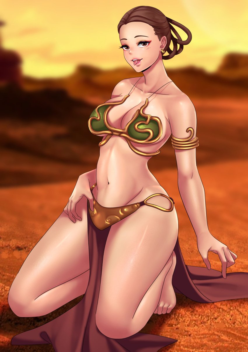 armlet belly_dancer belly_dancer_outfit brown_eyes brown_hair cleavage harem_girl harem_outfit kneeling large_breasts liilica loincloth looking_at_viewer padme_amidala slave slave_bikini slave_leia_(cosplay) slave_outfit slavegirl star_wars thick_thighs voluptuous