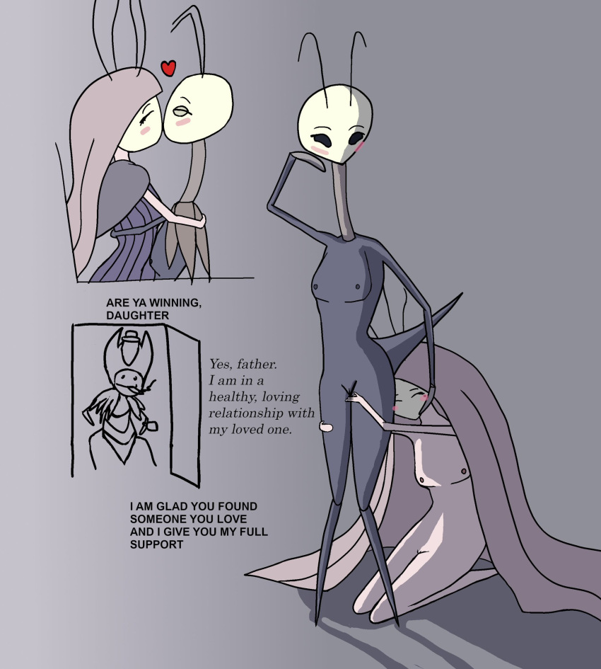 2girls antennae are_ya_winning_son blush breasts completely_naked completely_naked_female completely_nude completely_nude_female english_text grey_mourner hollow_knight humanoid insect kiss kissing long_neck mantis meme multiple_girls nipples nude nude_female shadow simple_background small_breasts tail text thenaughtycake traitor_lord traitors_child yuri ze'mer_(hollow_knight)