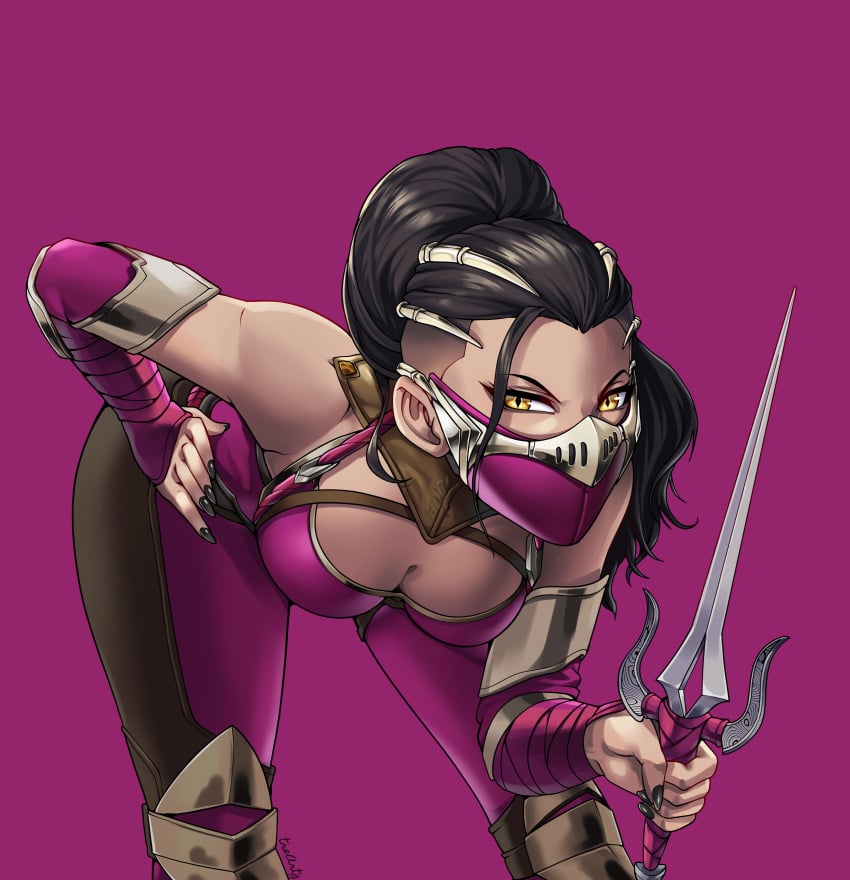 armor big_breasts black_hair breasts edenian female) jewelry long_hair mask masked masked_female mileena mortal_kombat mortal_kombat_1_(2023) painted_nails ponytail purple_clothing sai_(weapon) solo solo_female tarkatan thotlerrr treartz yellow_eyes