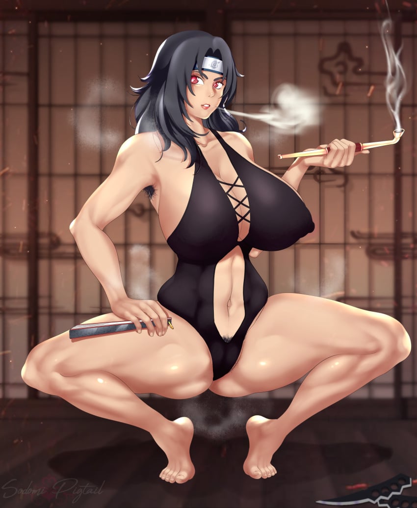 1girls armpit_hair barefoot big_breasts breasts breasts_bigger_than_head fan female female_armpit_hair female_only folding_fan hairy_armpits headband highres huge_breasts kiseru konohagakure_symbol kunoichi kurenai_yuhi large_breasts long_hair looking_at_viewer makeup milf muscles muscular muscular_female naruto naruto_(series) naruto_shippuden ninja one-piece_swimsuit pipe pubic_hair pubic_hair_peek smoking smoking_pipe sodomi_pigtail solo solo_focus spread_legs squatting swimsuit tiptoes uncensored voluptuous yuuhi_kurenai