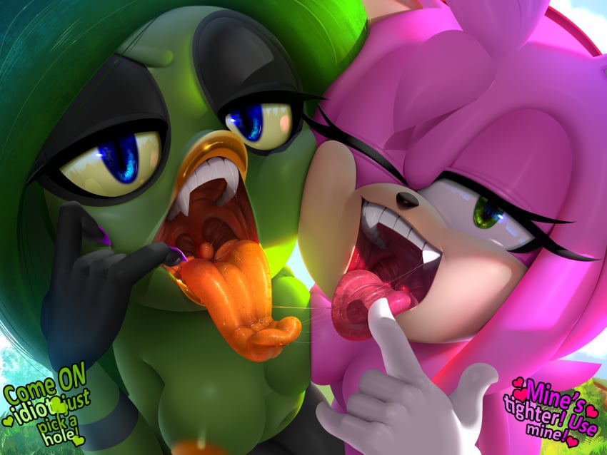 2d amy_rose breast_touch breasts deadly_six female_only finger_in_mouth gold_lipstick long_tongue mawshot mouth_fetish mouth_open offering one_eye_closed open_mouth oral_invitation presenting_mouth presenting_throat saliva_string seductive_mouth sega sonic_(series) sonic_lost_world sonic_the_hedgehog_(series) speech_bubble theboogie tongue_out zeena zeti zeti_(species)